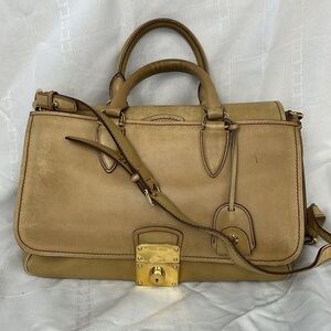 Miu Miu Vitello Leather Flap 2 Way Handbag Satchel Beige